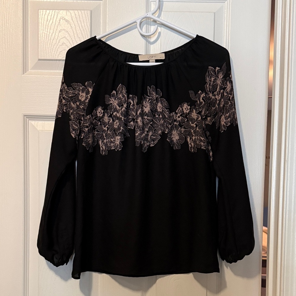 LOFT Black Top with Pink Floral Design